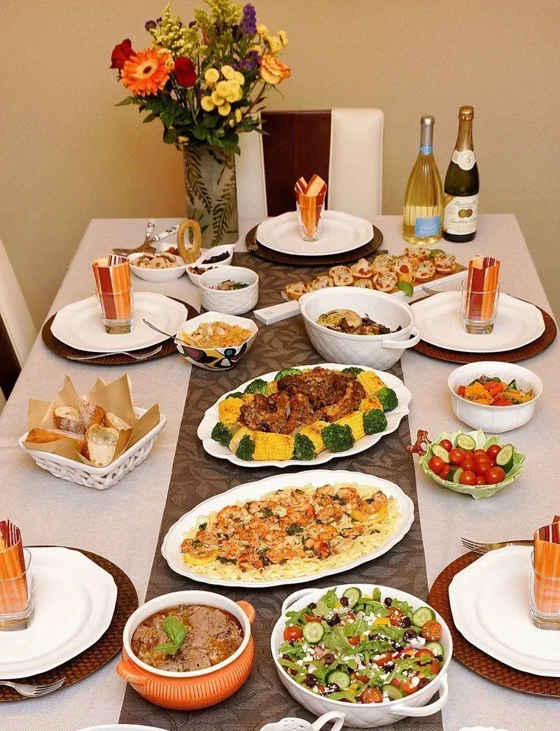 Family-style dinner table spread