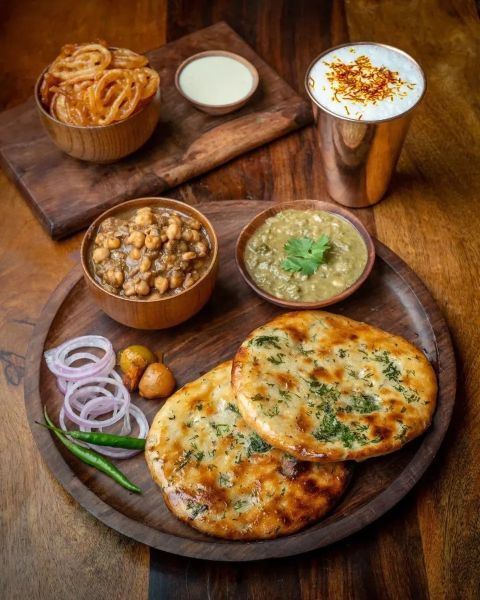Punjabi plate with chole, saag and kulcha